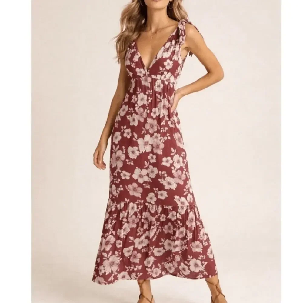 Abercrombie & Fitch Bright Yellow Crepe Tie Shoulder V-neck Flowing Maxi Dress